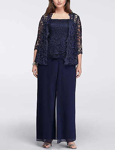 Pantsuit / Jumpsuit Mother of the Bride Dress Elegant Square Neck Floor Length Chiffon 3/4 